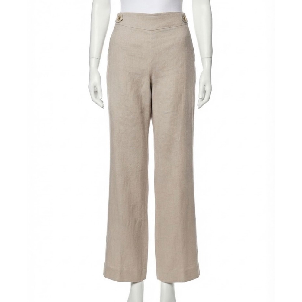 Talbots Tan Linen Blend Wide Leg Trousers Side Zip Button Tab Pants Size 8